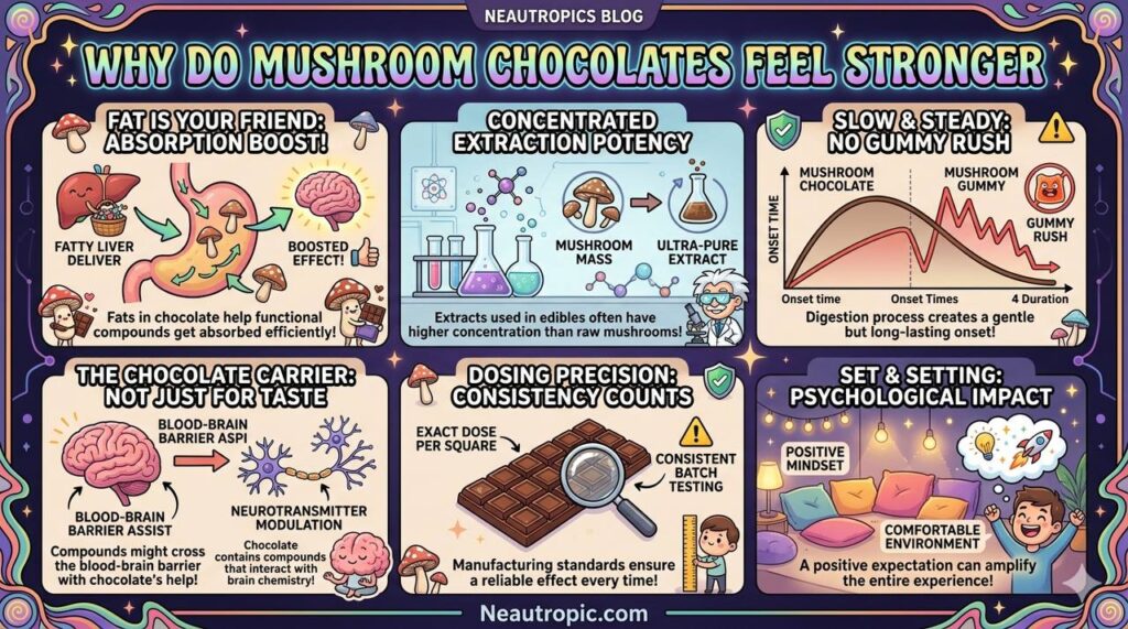 why do mushroom chocolates feel stronger